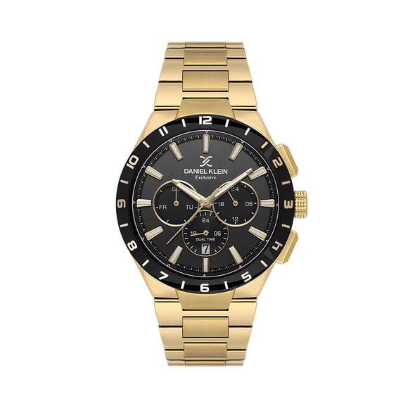 Daniel Klein Montre pour Homme, Montre Analogique en Métal 44 mm, Quartz Japonais, Bracelet en Acier Inoxydable - Jour-Date - Cadran Or / Noir