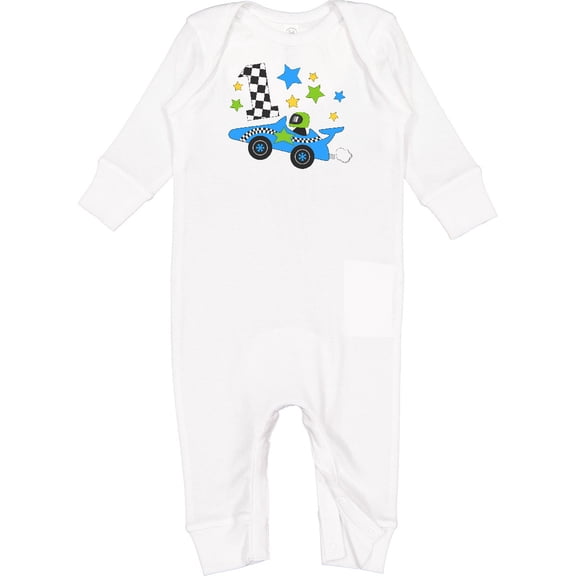 Inktastic Happy 1st Birthday Blue Racing Car Baby Romper Coveralls