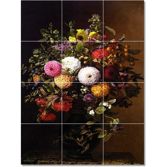 Ceramic Tile Mural-Johann Laurentz Jensen Flowers Painting 215. 12.75" w x 17" h using (12) 4.25 x 4.25 ceramic tiles