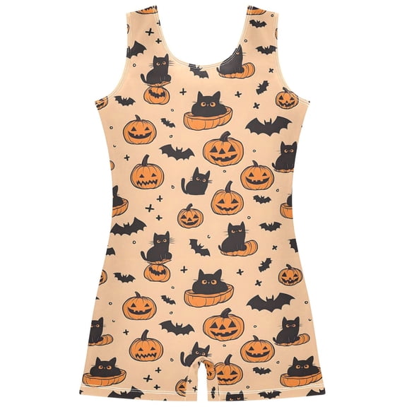 Gymnastics Leotard Sleeveless Cat Bat Sitting Pumpkin Stretchy Dance Bodysuit Breathable Athletic Ballet Yoga Outfit for Ages 3-14