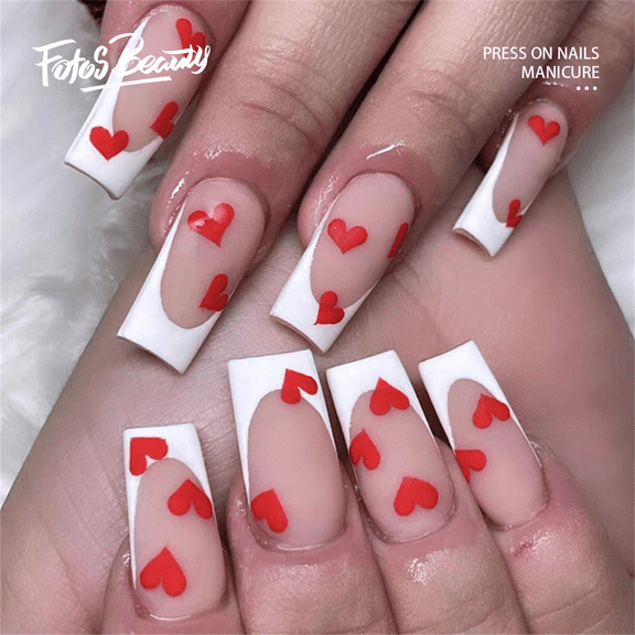Fofosbeauty 24pcs Press on False Nails Tips, Long Coffin Fake Nails, Frosted White Edge Red Heart