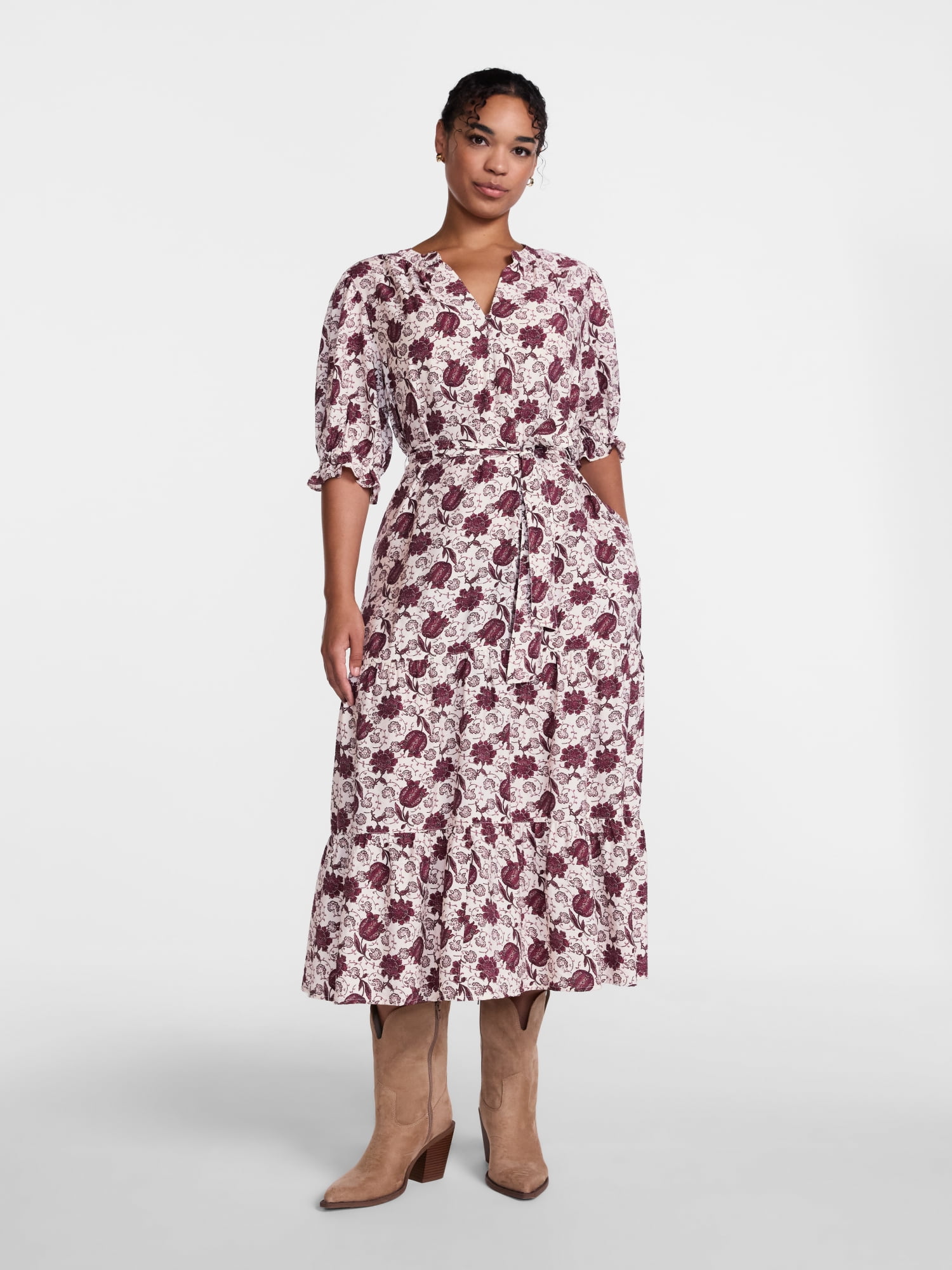 Scenario Women's and Women's Plus Tiered Midi Dress with Short Sleeves, Sizes XS-4X