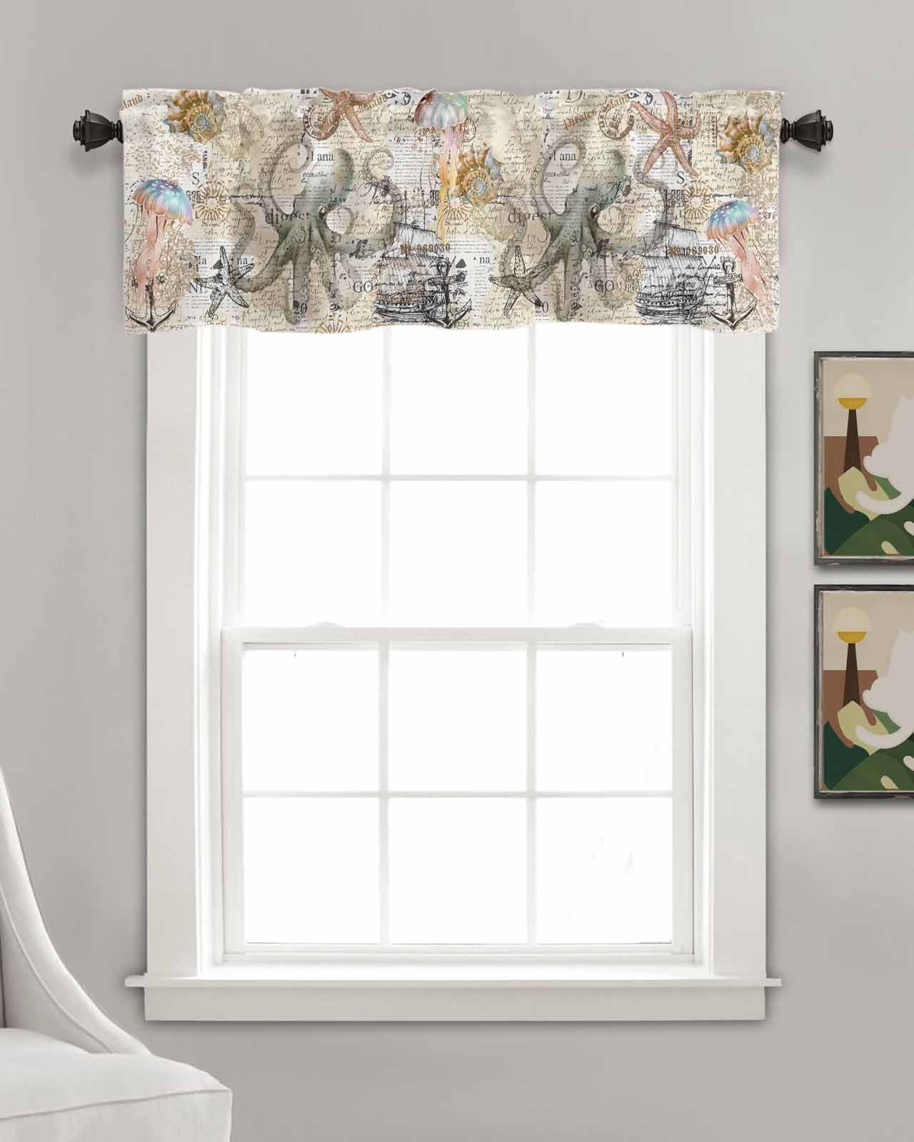 Brown Octopus Linen Curtain Valance for Bedroom/Bathroom/Kitchen/Living/Dining Room Window,Nautical Coastal Anchor Boat Starfish Conch Pocket Topper Drapes Decorative Cafe Drapery Panel 42"x18"