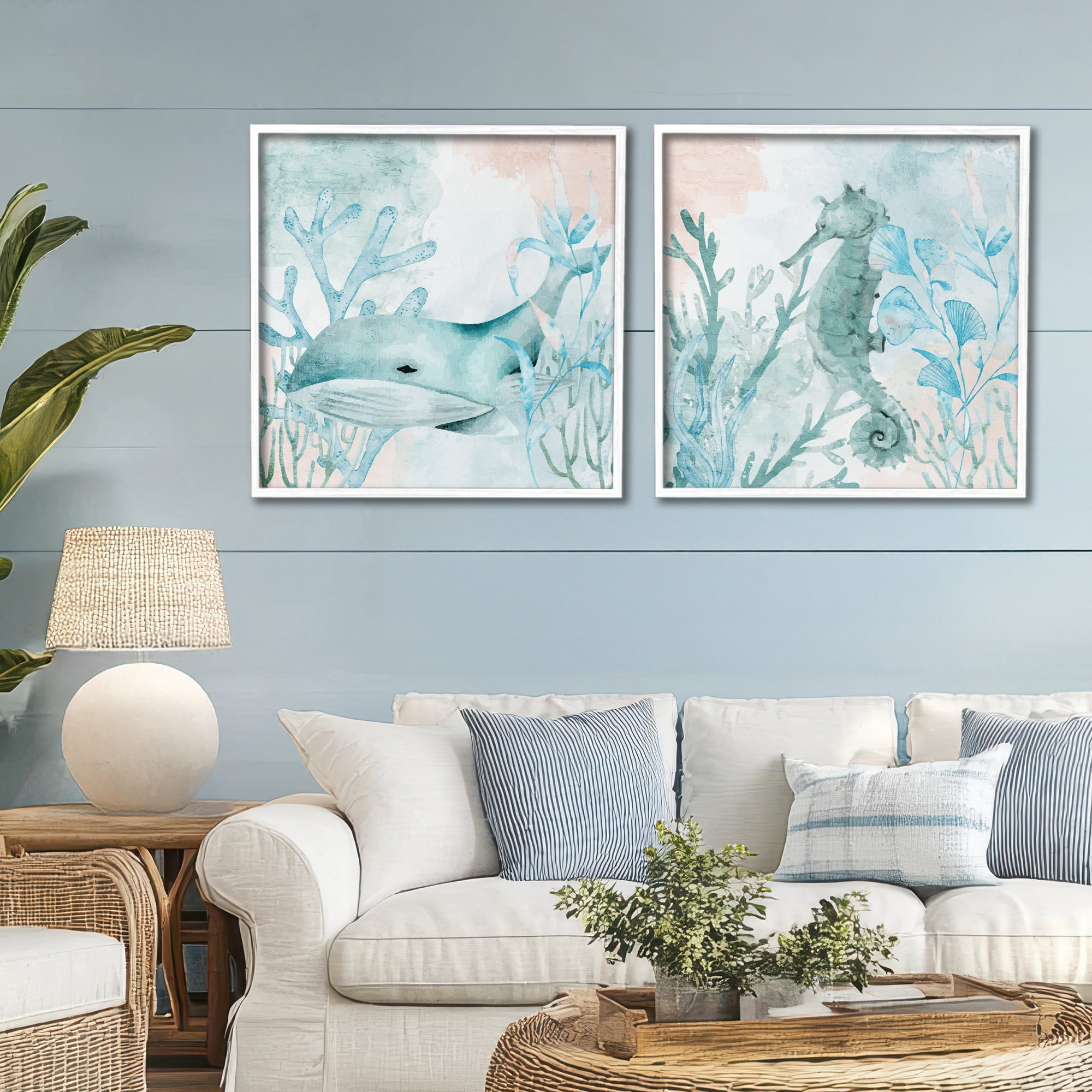 Stupell Industries Whale & Seahorse Sea Swim 2 Piece White Framed Giclee Art Set, design by Kim Allen