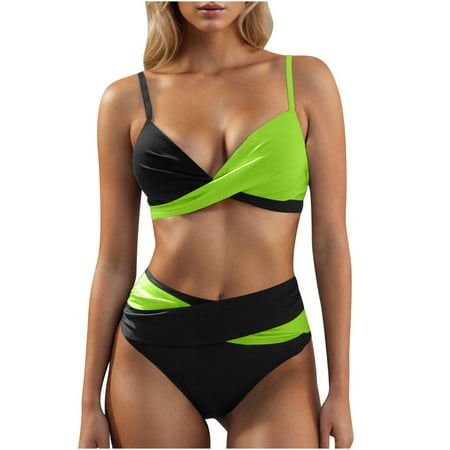 Oplxuo Women s Color Block High Waisted Bikini Sets Criss Cross Ruched Swimsuits Sexy Cheeky 2 Piece Bathing Suits