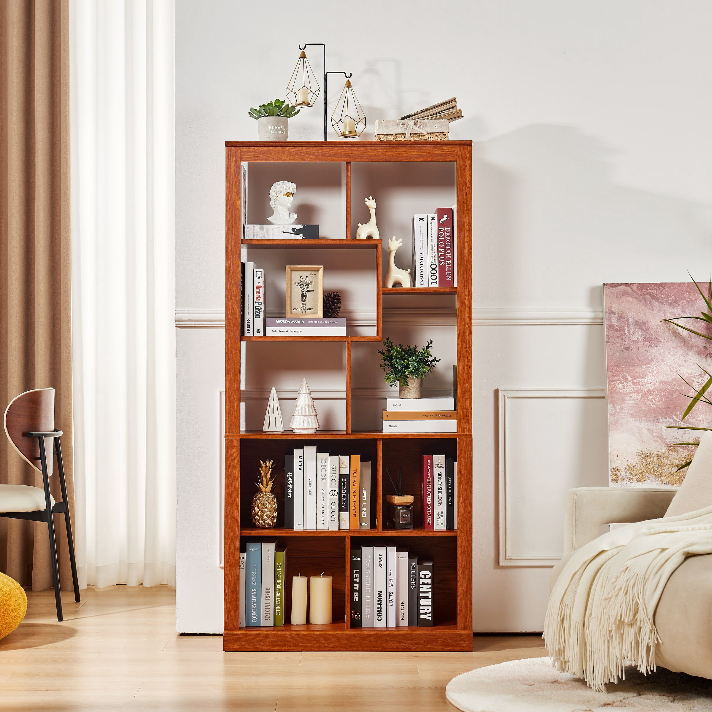 Free Combination Wood Open Bookshelf, Multi Space Display Storage Cabinet, Freestanding Bookcase with Anti-Tip Straps, Classified Storage Organizer for Living Room Bedroom Home Office
