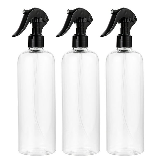 3 juegos de botellas pulverizadoras de plástico de 500 ml, vacías, rellenables, con atomizador, dispensador multifuncional para cosméticos de viaje (botella transparente y tapa negra).