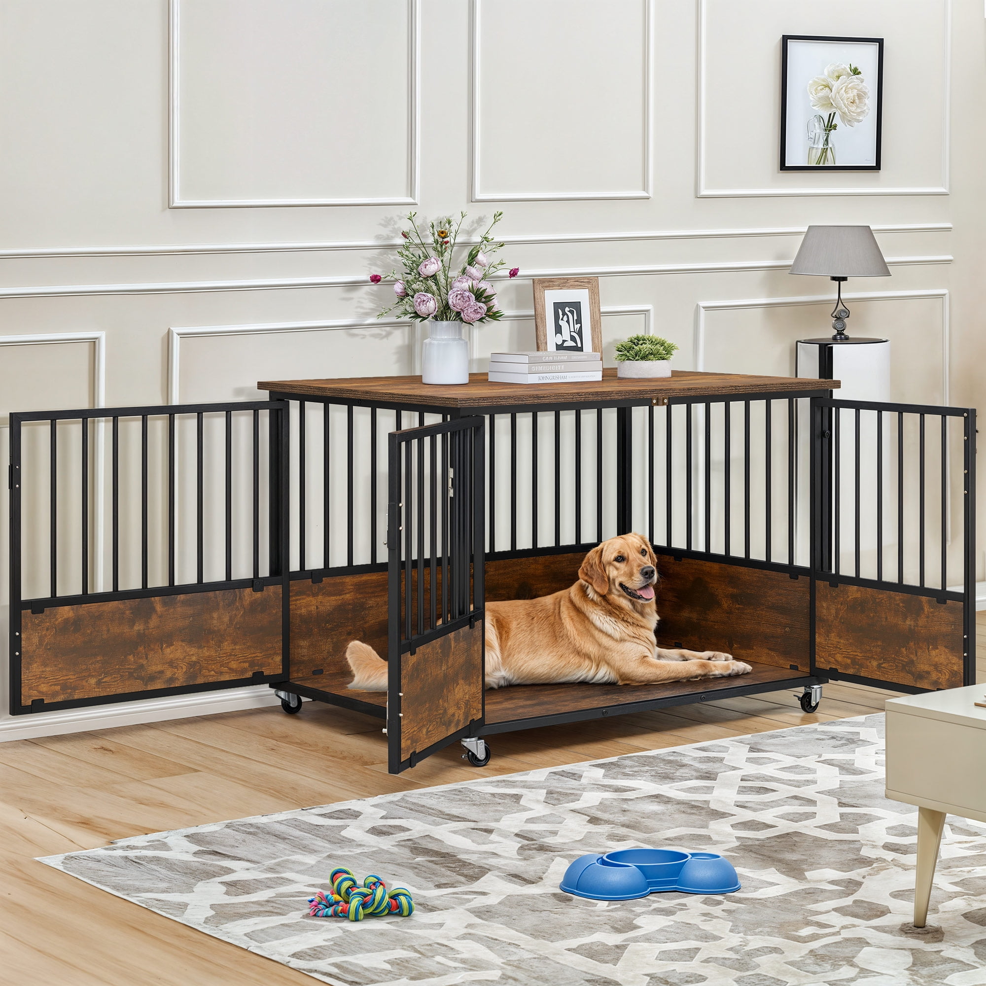Uforic 43-Inch Wooden Dog Crate Furniture with Wheels and Double-Doors,Dog Kennel,Dog Cage for Indoor - Rustic Brown