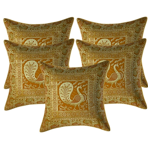 Stylo Culture Ethnic Couch Brocade Mustard Yellow And Gold Throw Pillow Covers 16x16 Jacquard Weave Sofa Couch Throw Pillow Covers Dancing Peacock Floral 40x40 cm Decorative Cushion Covers (Set Of 5)