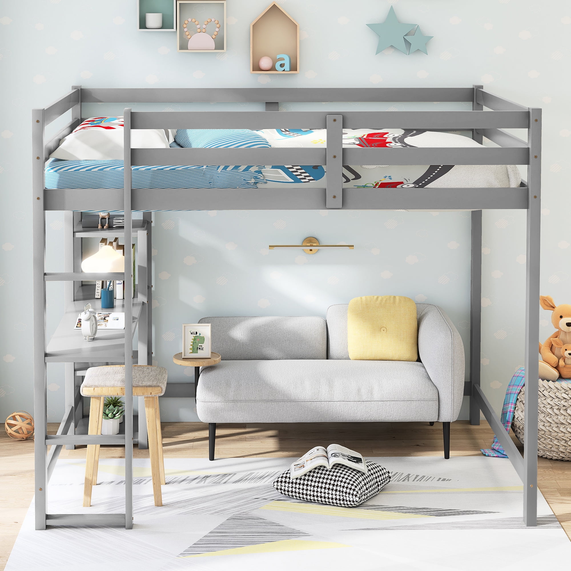 Euroco Full Size Loft Bed With Built In Desk And Shelves Gray Walmart Com Euroco Full Size Loft Bed With Built In Desk And Shelves Gray Walmart Com