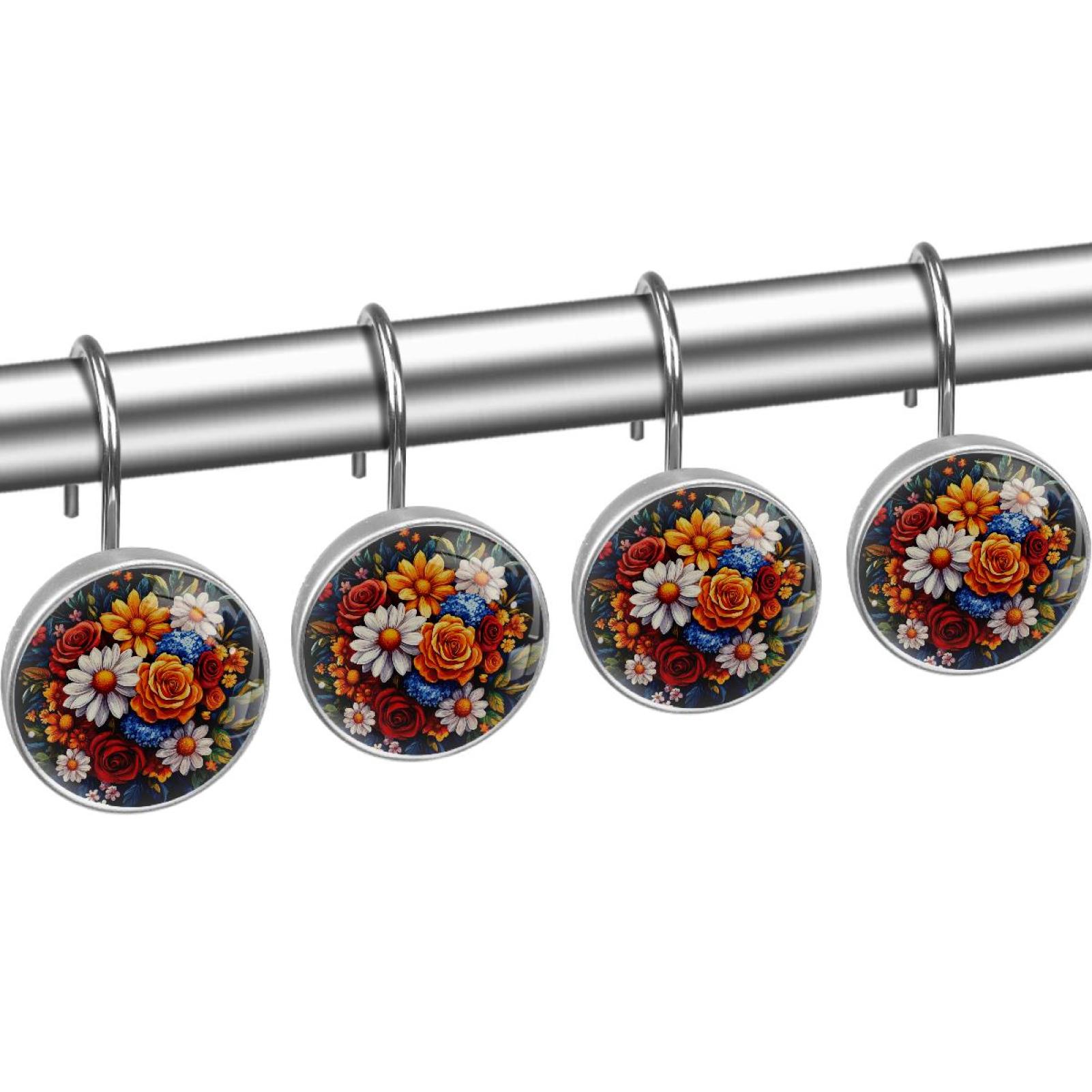 Daisy Sunflower Roses Florals Shower Curtain Hooks Round Crystal Glass, Set of 12 Shower Curtain Rings - Shower Hooks for Curtain Shower Rings