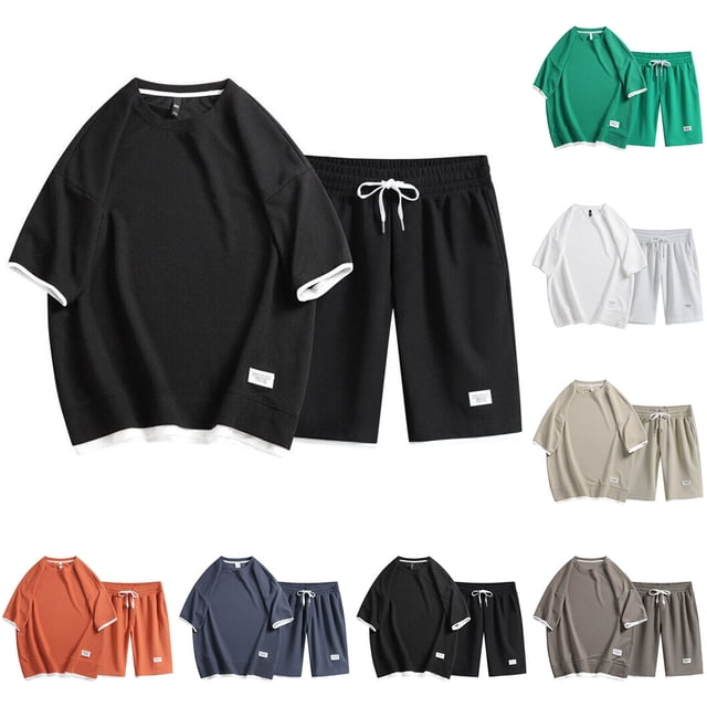 Ensemble de Survêtement 2 Pcs pour Homme en Nylon-Spandex Tenue d'Été Rayée à Manches Courtes Col Ras du Cou Tenue de Détente Décontractée Quotidienne Gym Entraînement Plage Vacances,JASKFLY,Vert 2TG