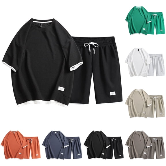 RYDCOT Mens Casual 2 Piece Outfits-Short Sleeve Shorts Athletic Set Oversize Crew Neck T-Shirts Drawstring Tracksuit Set White