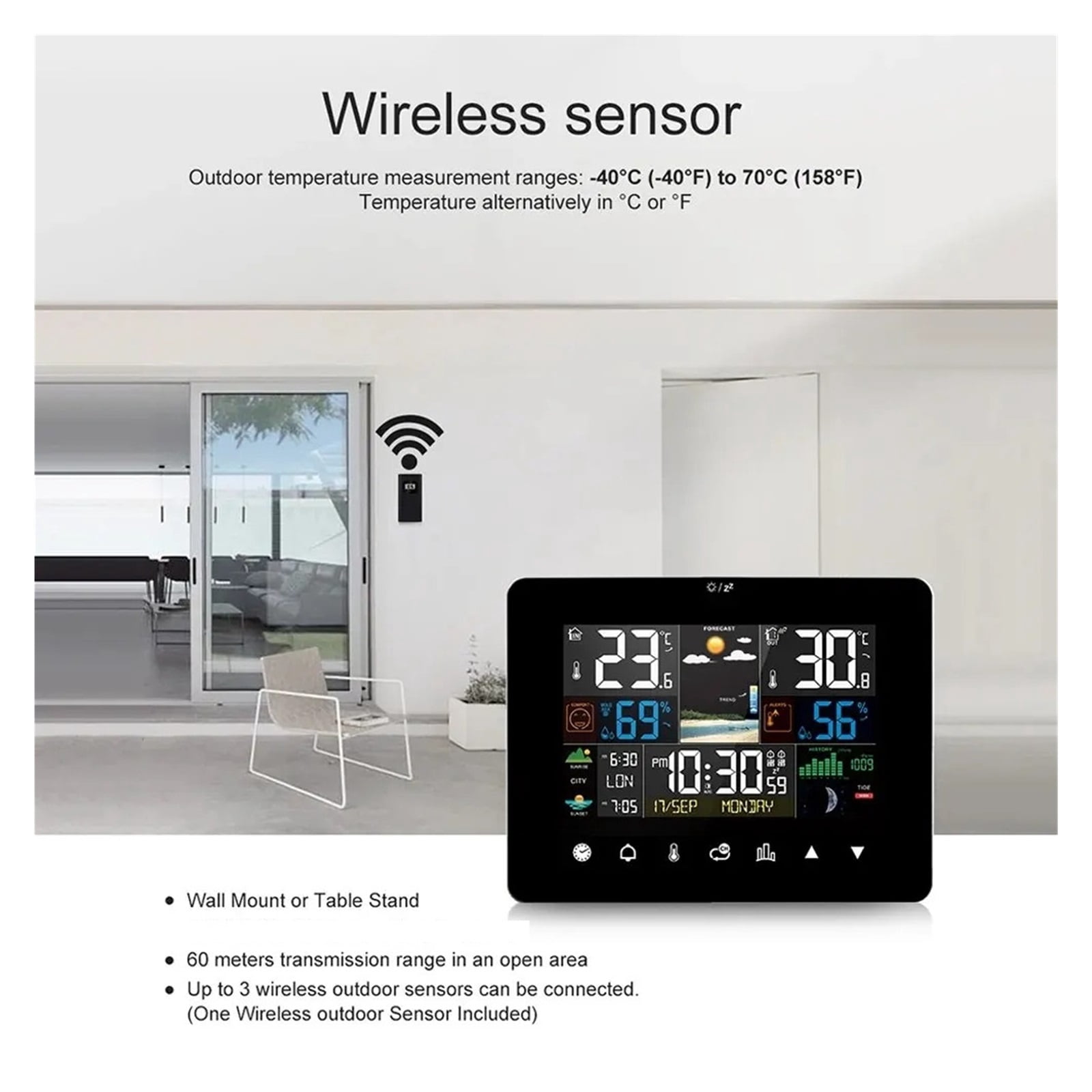 Touch Screen Weather Station with Sunrise Sunset Display, Wireless Monitor
