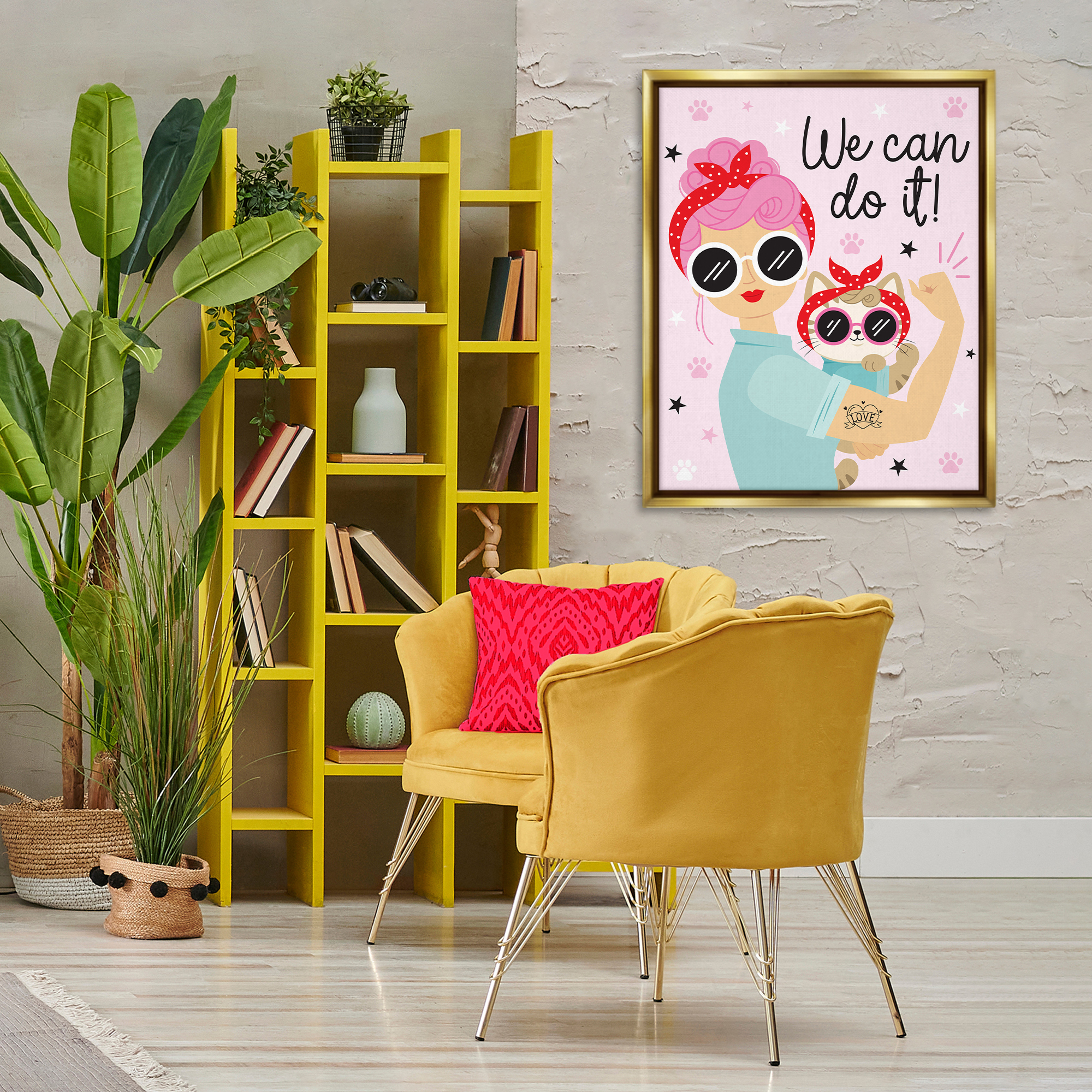 Stupell Industries We Can Girl & Cat People Painting Gold Floater Framed Canvas Art Print Wall Art, 25 x 31