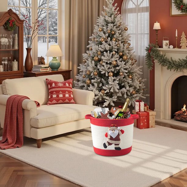 Adornos navideños, decoración navideña, cesta de regalo portátil tejida con hilo al por mayor, cesta de almacenamiento de escritorio con forma de reno navideño, cesta de almacenamiento de algodón