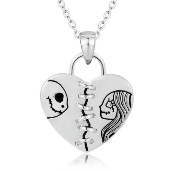 Nightmare Before Christmas Jack and Sally Silver Heart Pendant Necklace