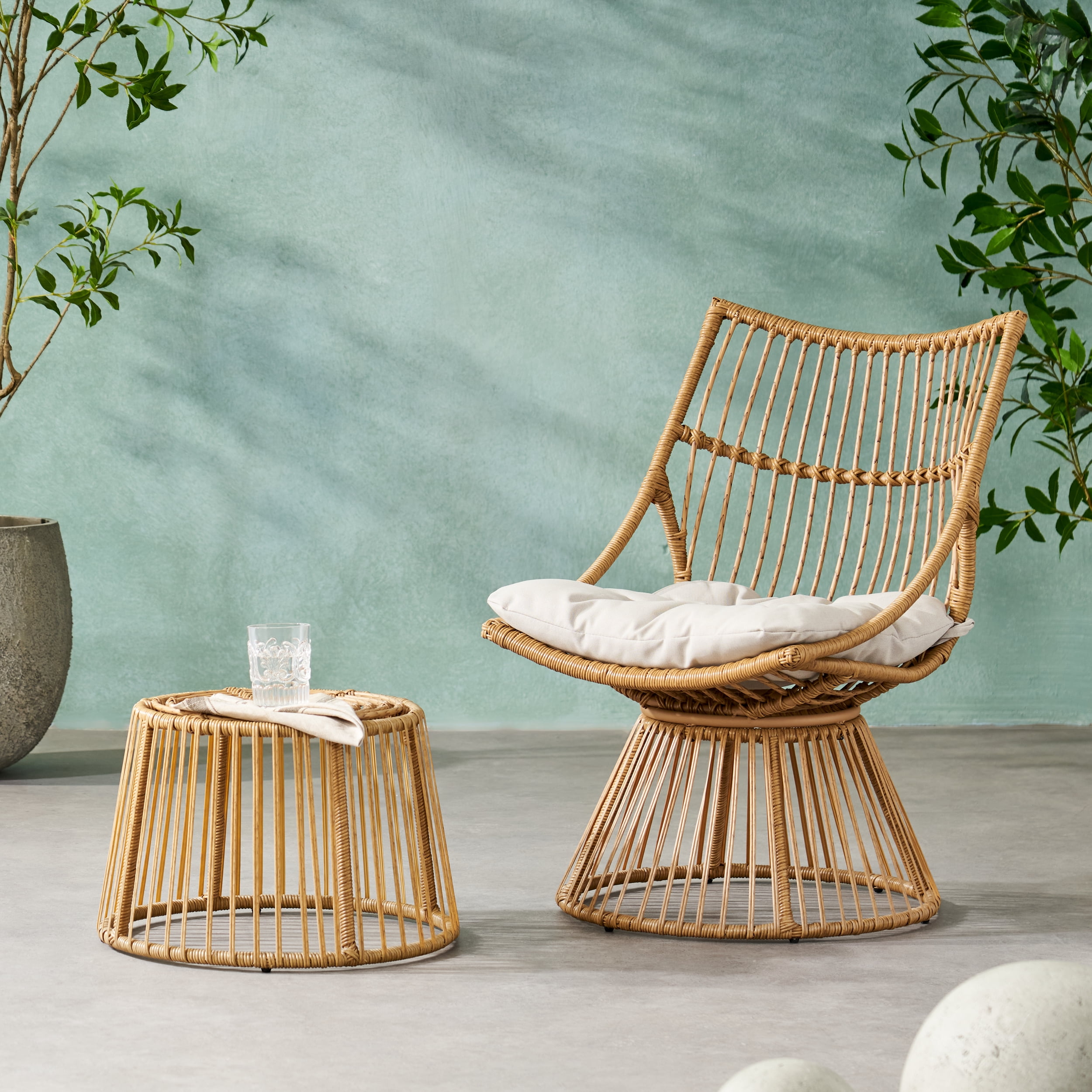 Outdoor Leisure Chair and Side Table Combination Set, Wicker Integrated Furniture for Patio Garden, Light Brown and Beige