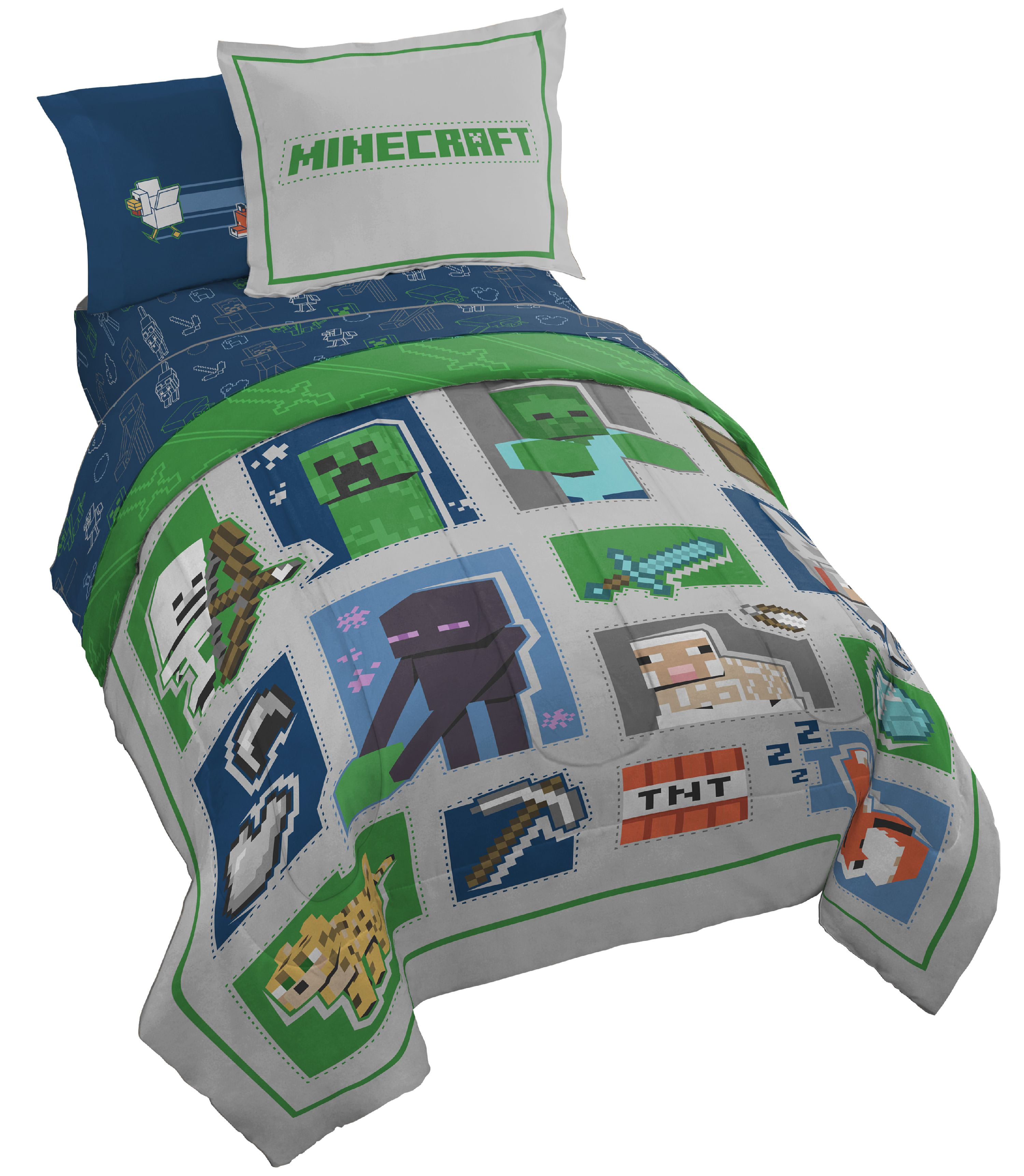2dayShip,NoTax Minecraft Bed Set Twin Kids 5 Piece Comforter Sheets Pillowcase 