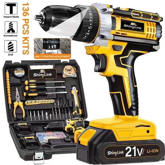 Shinylink 21V Brushless Compact Drill, Power Drill 136pcs Set W/ 1×2.0Ah Batteries, 450N.m Torque,for Home Repairs, Decorating, Garage Work