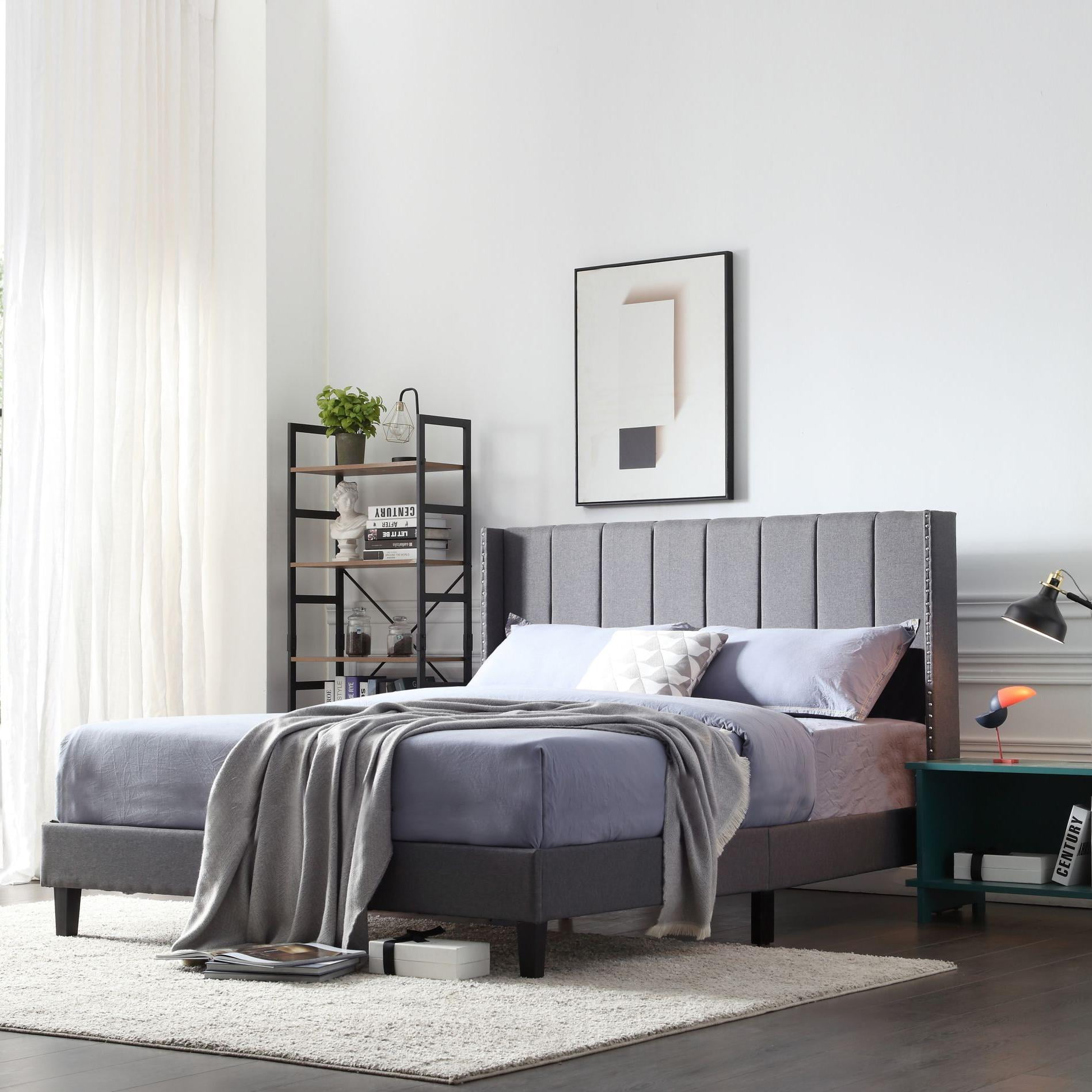 Private Jungle Bed Frame Set, Classics Cloth Headboard with Wings & Platform & Slats Queen, Fabric/Grey Private Jungle Bed Frame Set, Classics Cloth Headboard with Wings & Platform & Slats Queen, Fabric/Grey