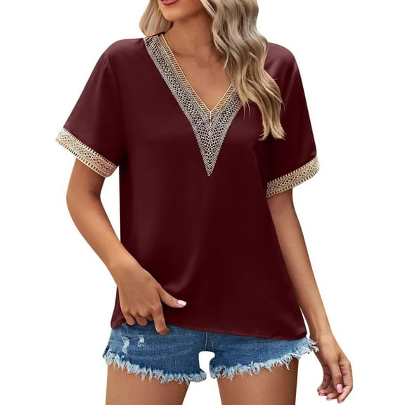 OSOLU Women Fashion Casual Summer V-Neck Solid Color Gold Lace Stitching Short Sleeve Loose T-Shirt Tshirts Tee Tops Breathable Dailywear