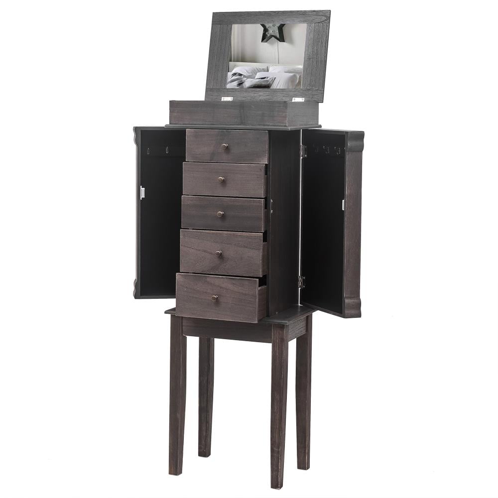 Ktaxon Standing Jewelry Armoire with Mirror,5 Drawers&8 Necklace Hooks,2 Side Swing Doors(Grey