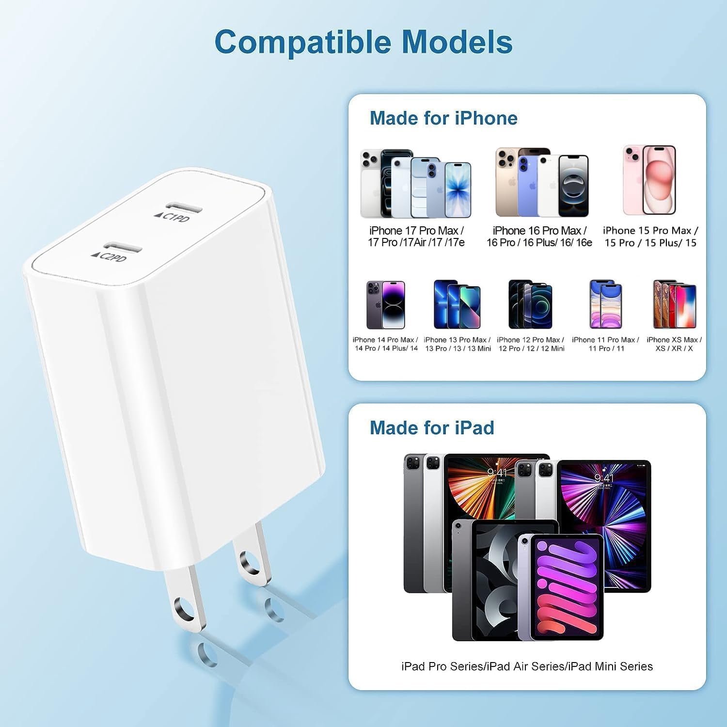 40W Dual USB C Charger Block,2-Port Fast USB-C Power Adapter Wall Charger Plug Type C Charging Block for Laptop Computer & Tablets/Phones iPhone 15/14/13/12/11/X, iPad,Samsung,Google （2 pack）