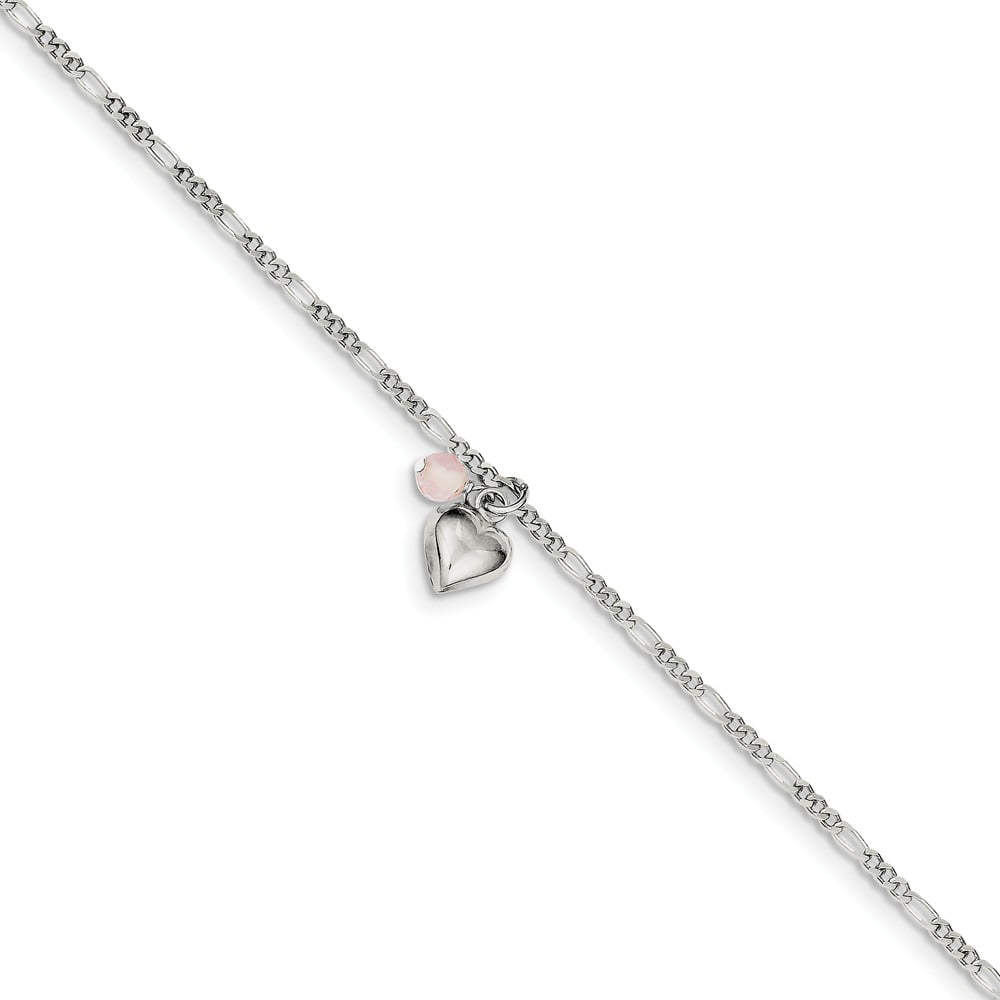Sterling Silver Cherry Quartz & Dangling Hearts on Figaro Link Anklet