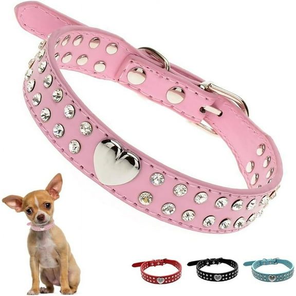 Small Dog Collar For Female Dogs, Bling Puppy Collar Faux Leather Fancy Diamond Crystal Glitter Pretty Jewel Rhinestone Cat Collars For XXS XS Small Medium Large Pet Girl Dogs,