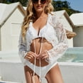thumbnail image 3 of Jesscasday Women Long Sleeve Shrug Crop Top Sexy Sheer Floral Lace Bikini Cover Up Lace-Up Irregular Ruffles Open Front Cardigan, 3 of 13