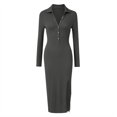 thumbnail image 4 of VBARHMQRT Plus Size Dresses New Button Slit Long Sleeved Ribbed Fashion Dress Slim and Slim Temperament Package Mid Length Skirt Black Dresses for Women Sexy Birthday Spring Dresses for Women, 4 of 5