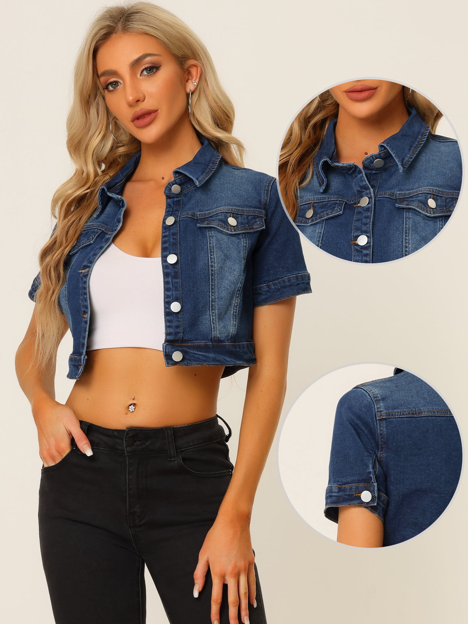 DARING DIVA Women's Short Sleeves Crop Button Down Denim Jacket XS Dark Blue