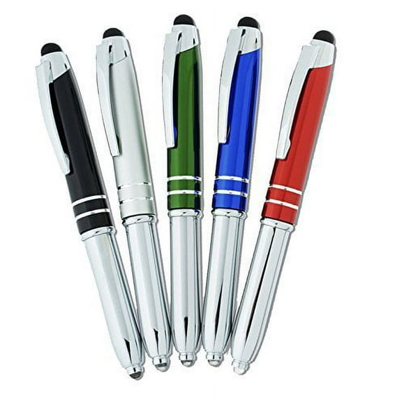 Tri-Function Capacitive Stylus Styli Flashlight Ballpoint Pen for Touchscreen, iPhone, Tablets 5 Pack, Red Silver Black Blue Green