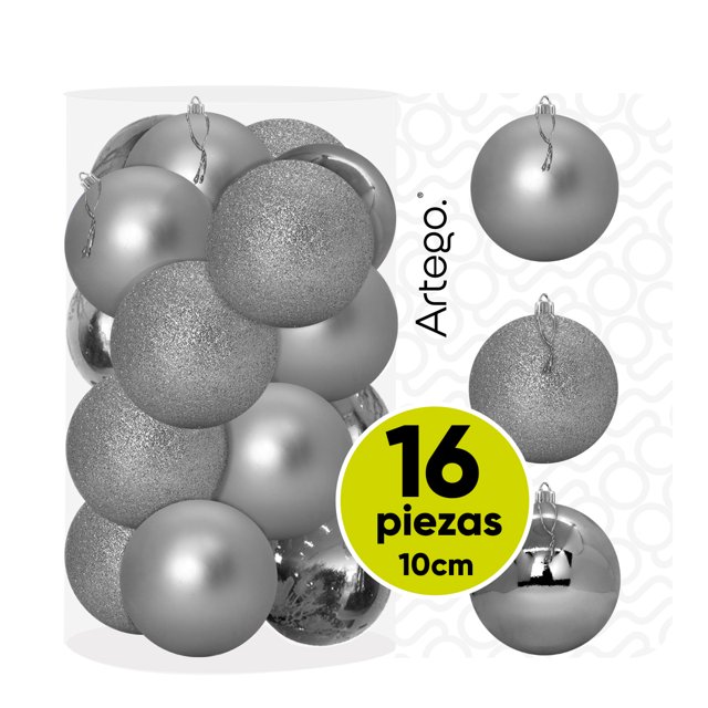 esferas para árbol de navidad artego grandes de 10 cm de diámetro paq 16 esferas plata silver línea sky 3 diversos acabados navideños mate, brillantes, y cromadas para colgar christmas balls ornaments — Set de 16 esferas Artego plateadas de 10 cm: 5 mate, 5 brillantes y 6 cromadas; agrupadas en empaque cilíndrico con listón para colgar, recomendadas para árbol, centros de mesa o coronas y aptas para hogares con niños o mascotas por su material inastillable.