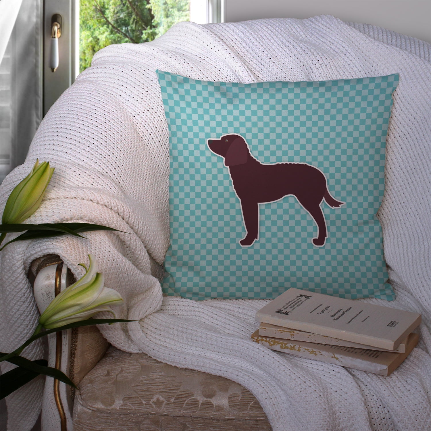 Carolines Treasures BB3701PW1414 American Water Spaniel Checkerboard Blue Fabric Decorative Pillow