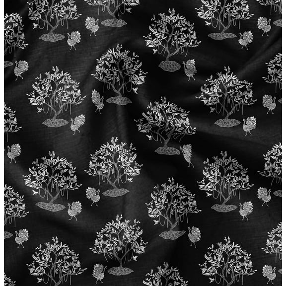 Soimoi Pure Silk Black Fabric By the Yard - 42 Inch Wide - Tree Fabric - Botanical Beauty Elegance Printed Fabric
