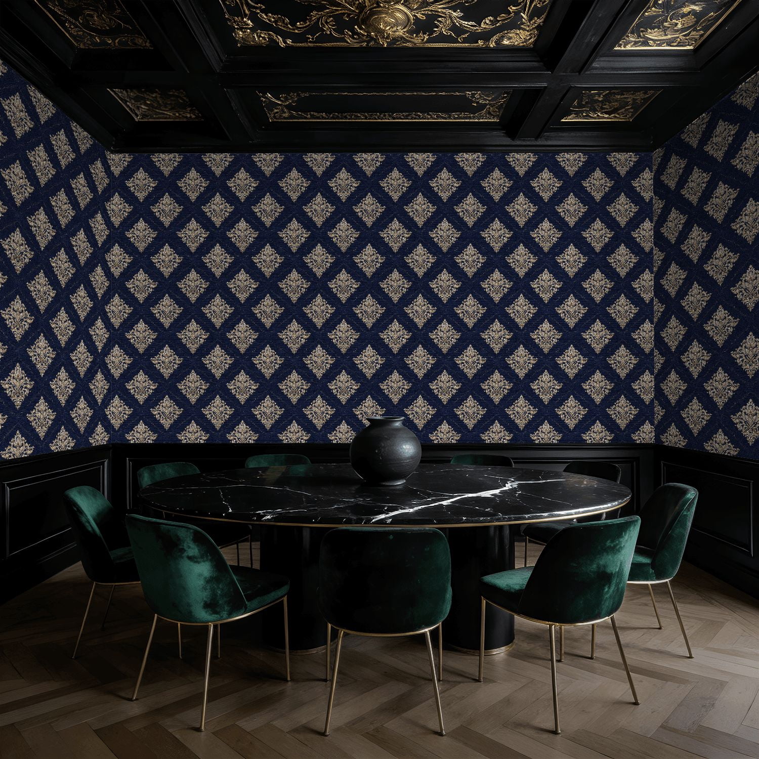 Baroque Peel and Stick Wallpaper Vintage Luxury Damask Ornate Gold Floral Navy Wall Mural 17.7in x 9.8ft Self Adhesive Removable Wall Paper Renter Friendly Wallpaper for Bedroom Livingroom Men