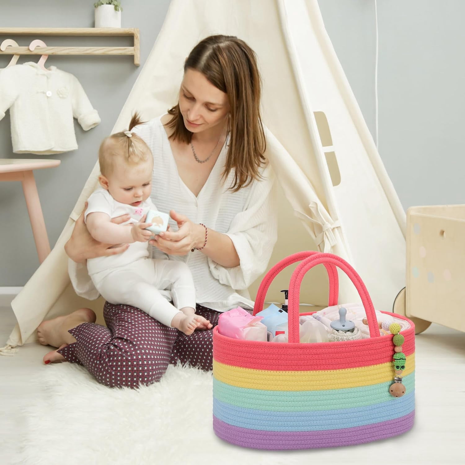 Large Baby Diaper Caddy Organizer for Girl Boy, Car Caddy with Handles, Cotton Rope Basket for Changing Table, Nursery Organizer, Gift for Baby Shower and Registry Must Have, Rainbow