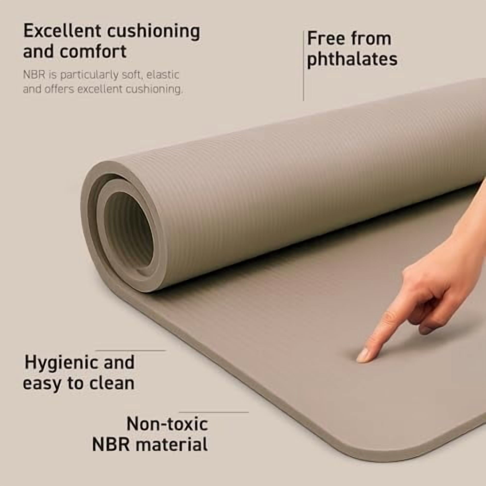 Yoga Mat Premium Non Slip Thick – Extra Comfortable Exercise Mat for Home Workouts, Pilates, Stretching & Gym – Cushioned NBR Foam, Gym Mat with Strap, for Women & Men Beige,74.5 x 40 x 0.6 in