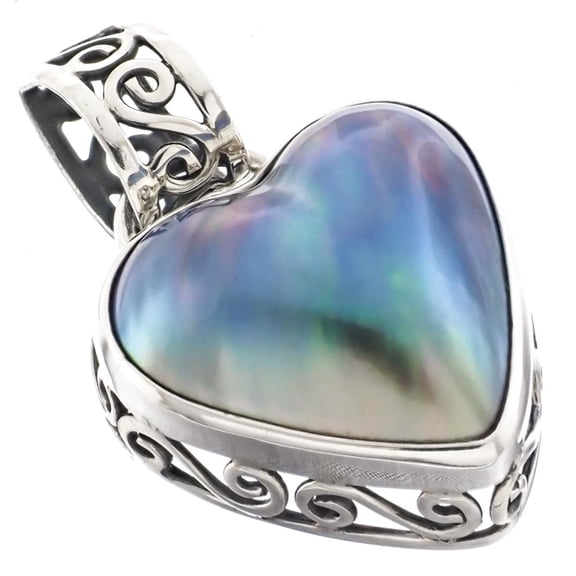 Valentine Blue Heart Mabe Cultured Pearl 925 Sterling Silver Pendant, 1 1/8"