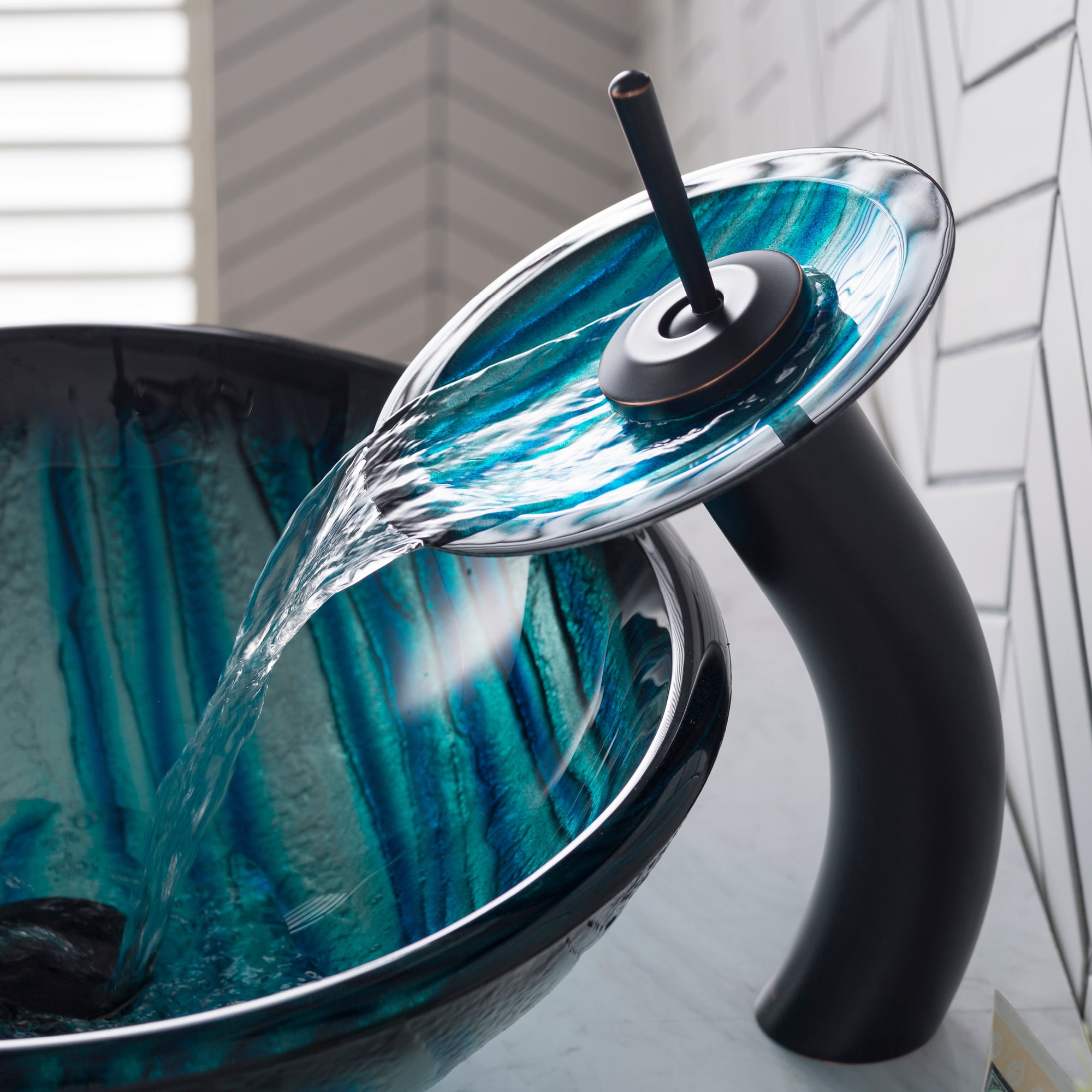 KRAUS Nature Series Blue Glass Bathroom Vessel Sink and Waterfall Faucet Combo Set with Matching Disk and Pop-Up Drain, Oil Rubbed Bronze Finish