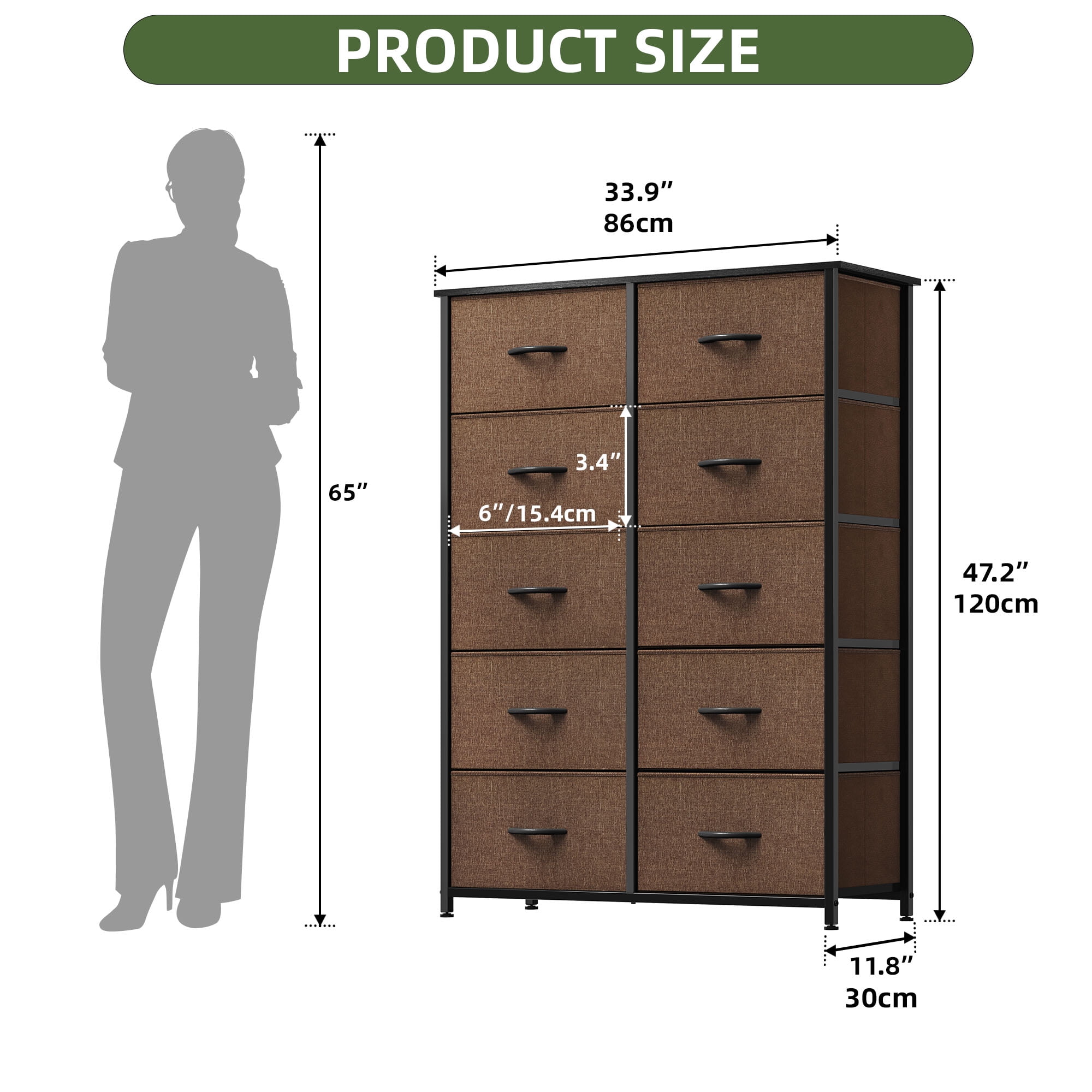 Uforic 10 Drawers Dresser Fabric Bedside Organizer Storage Tower Chest for , Brown