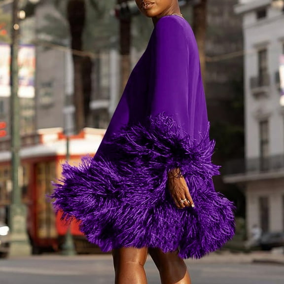 Summer Dresses for Women 2024 Fashion Solid Color Round Neck Long Sleeve Patchwork Casual Dress Wedding Guest Dresses for Women Purple Venetian L