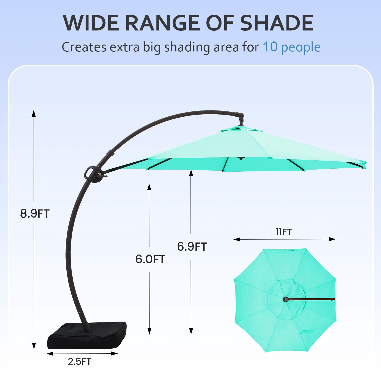 FUNDAZE 11ft Market Patio Umbrella with Base, Curved Cantilever Hanging Sun Shade with Crank & Tilt for Garden, Deck, Poolside,Turquoise