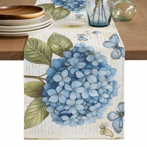 Blue Hydrangea Table Runner, Spring Vintage Botanical Butterfly Washable Cotton Linen Table Runners 60 Inches Long, Dresser Scarf Runner for Coffee/TV Stands/Kitchen/Cabinets 13''x60''