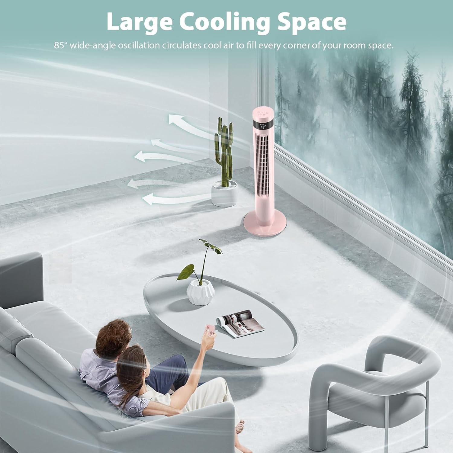Electactic 35" Tower Fan Portable Floor Fans with Remote Control & 12H Timer 3 Speeds Wind 3 Modes, Pink