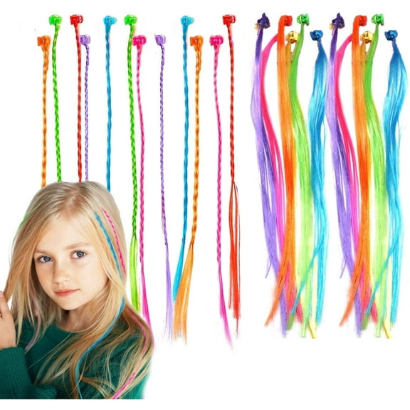 24 Pcs Kids Colored Hair Extensions, Clip-in Rainbow Hair Accessories, Braided and Straight Styles Multicolor Hairs Clips with Clip Snaps for Children Performance Kids Girls Cosplay Party Dress up