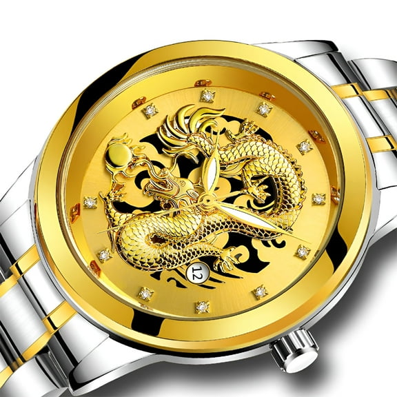 DESIGNICE Men's Watch Gold Dragon Sculpture Quartz Watch Luxury Men Steel Wristwatch