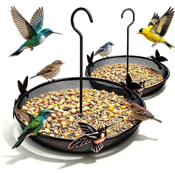 Bird Feeder Tray, Metal Hanging Platform Feeders for Small Wild Birds, Bird Seed Tray with Metal Hanger, Mesh Bird Feeders for Outdoors, Easy to Refill and Clean, Black